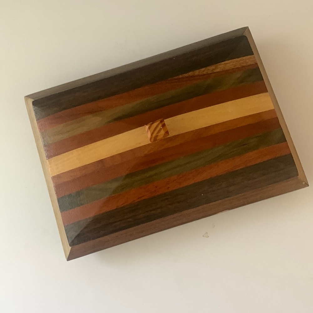 Gorgeous Marquetry Wood box with Red Velvet lining. MCM Pyramid style top